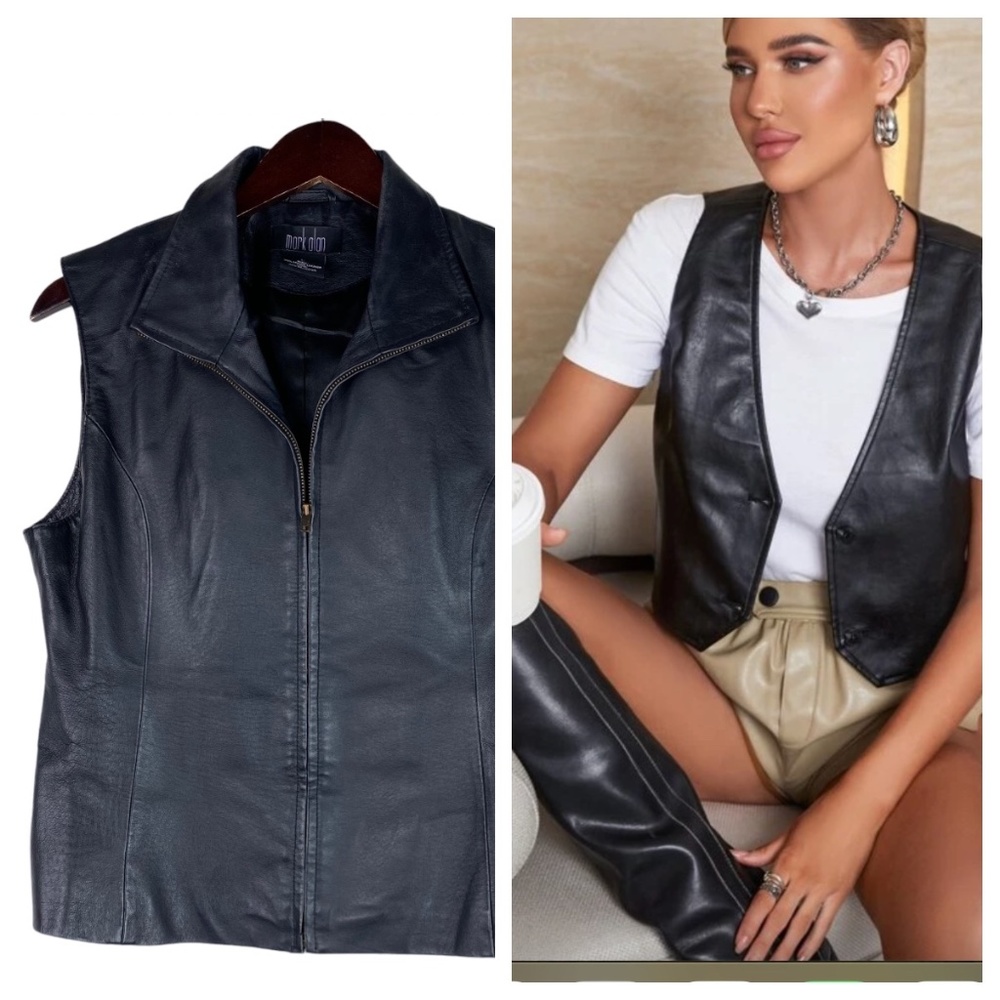 y2k Mark Alan Large 12 14 Vest Jacket 100% LEATHER Black Zip Up Slvlss Biker